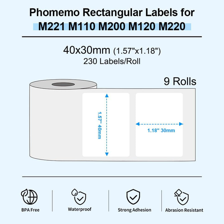 Phomemo M110/M220/M221/M200/M120/M100/M108/M150/M250/M260 Selbstklebende Etiketten, 1.57"x1.18"(40x3