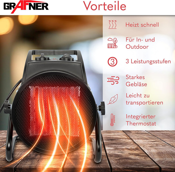 Grafner XXL Keramik Heizlüfter mit 3000 Watt 3KW, 3 Heizstufen, automatischer Thermostat, kraftvolle