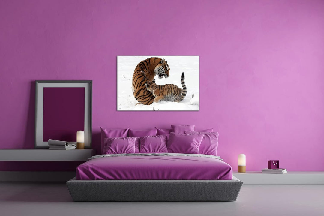 deyoli Tigermutter mit Jungtier in schöner Schneelandschaft im Format: 80x60 als Leinwandbild, Motiv
