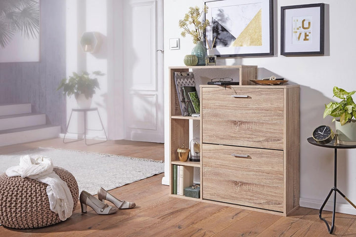 FineBuy Moderner Schuhkipper MASSA Holz 2 Fächer Sonoma Eiche 12 Paar Schuhe, Schuhschrank 85 x 24 x