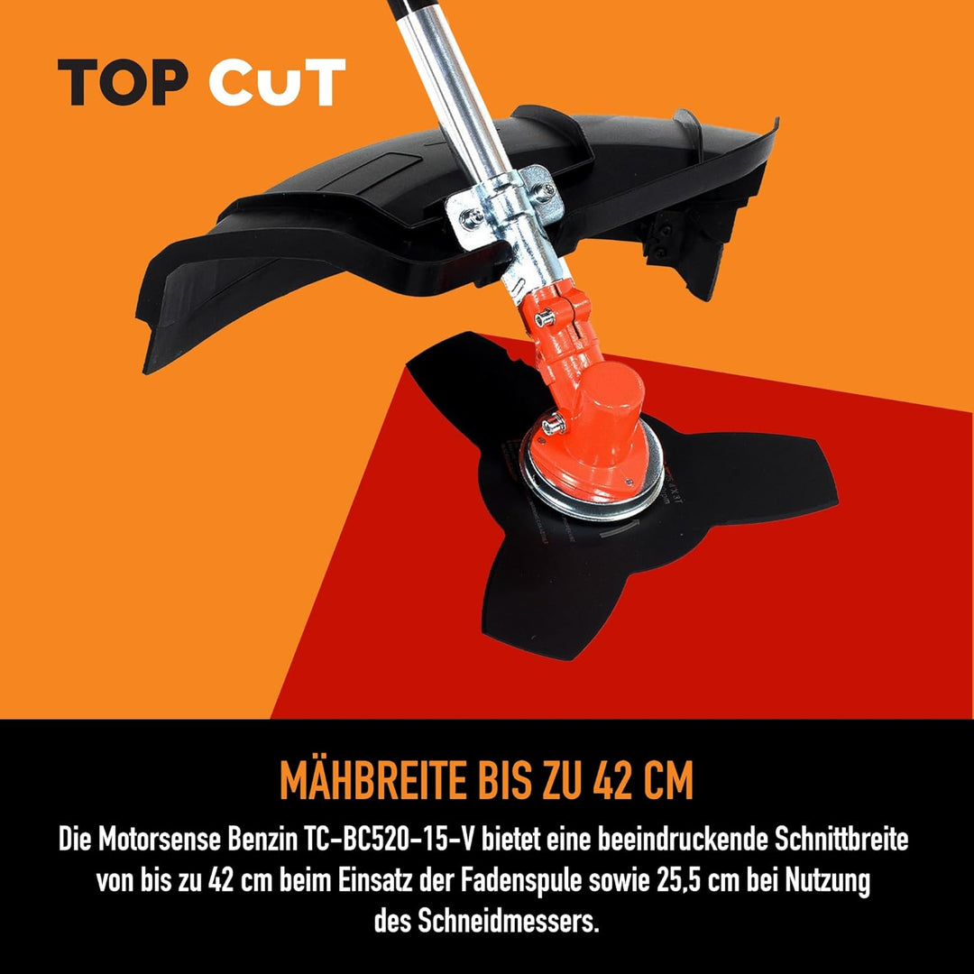 TOP CUT Benzin Motorsense 51,7 cm³ -2-Takt - Freischneider & Rasentrimmer mit Messer - Fadenspule un