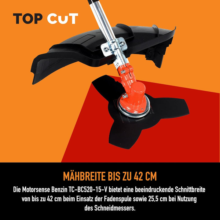 TOP CUT Benzin Motorsense 51,7 cm³ -2-Takt - Freischneider & Rasentrimmer mit Messer - Fadenspule un