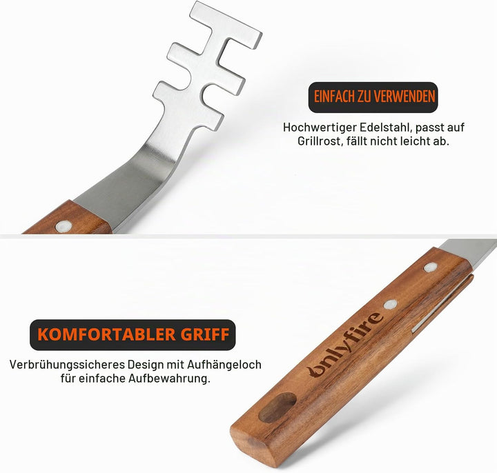onlyfire Grillrostheber Edelstahl mit Holzgriff, Grillzubehör für Edelstahlroste und Grillrost Gusse