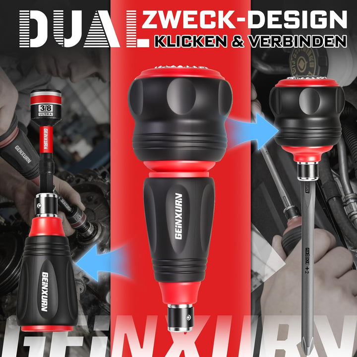 GEINXURN 33tlg. Stubby Ratschen-Schraubendreher-Set, 2-in-1 Stummelschrauber, 5-14mm Universal Steck