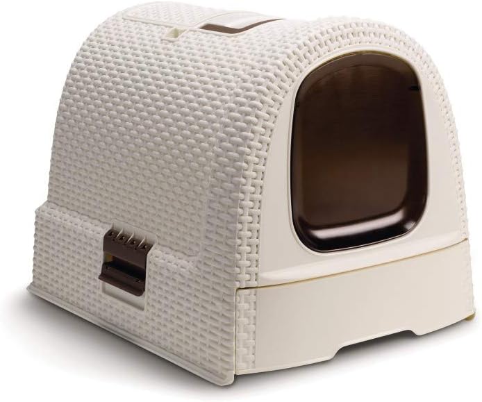 Curver petlife Katzentoilette mit Deckel, Katzenklo inklusive Schaufel, moderne Rattangeflecht-Optik
