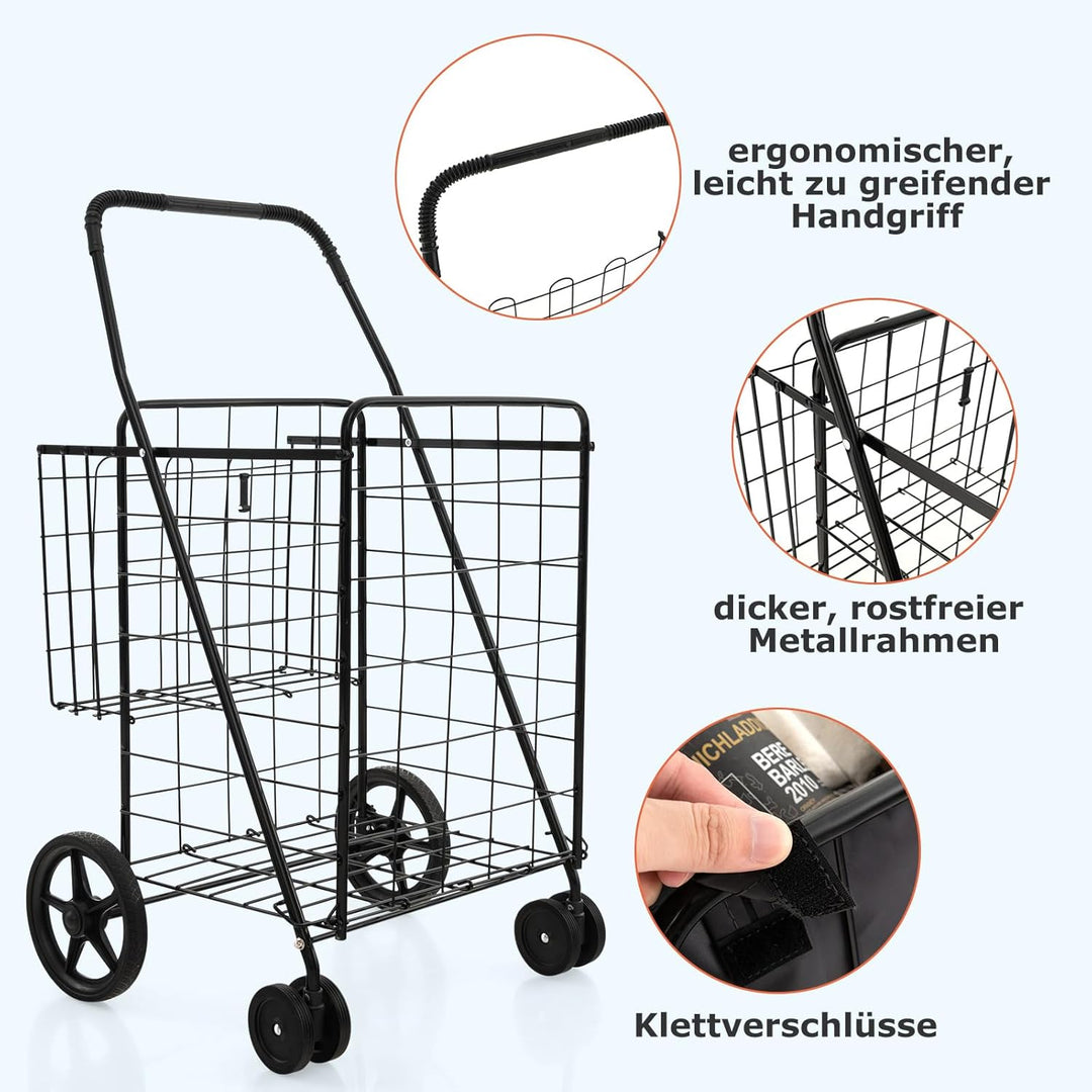 COSTWAY Einkaufstrolley Klappbar, Einkaufswagen auf Rollen mit Abnehmbarer Oxford-Tasche & 2 Körben,