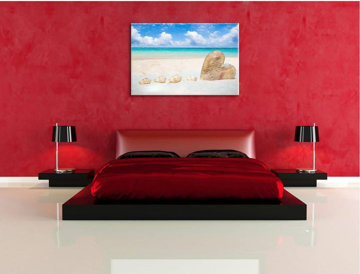 Pixxprint Weisser Sandstrand mit Muscheln Bunstift Effekt, Format: 100x70 auf Leinwand, XXL riesige