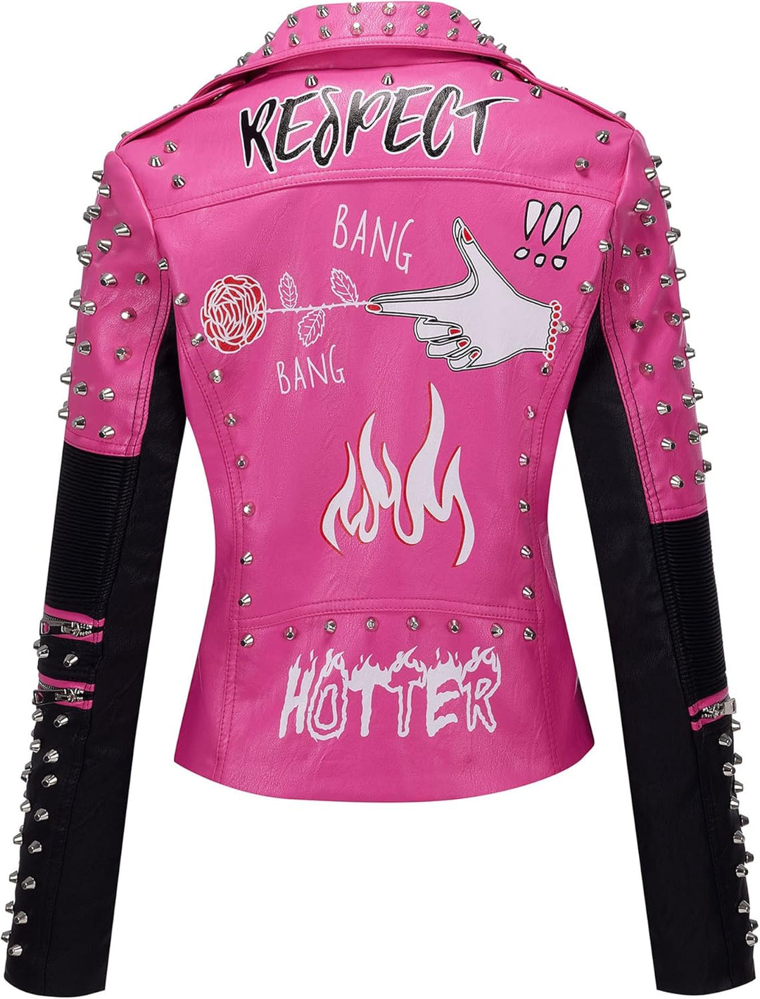 Giolshon Damen Kunstleder Jacke Nieten Floral Moto Biker Kurzer Revers Mantel 3XL 0376_Rosa, 3XL 037