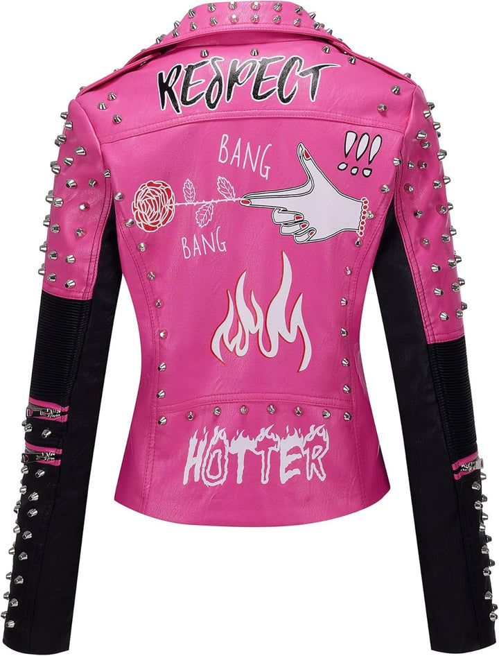 Giolshon Damen Kunstleder Jacke Nieten Floral Moto Biker Kurzer Revers Mantel 3XL 0376_Rosa, 3XL 037