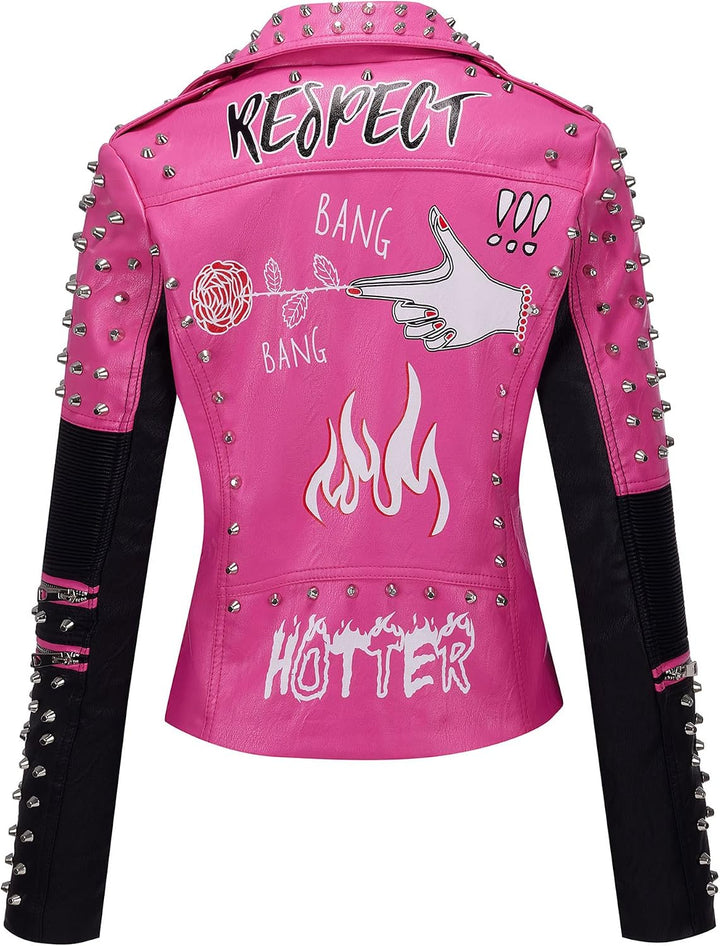 Giolshon Damen Kunstleder Jacke Nieten Floral Moto Biker Kurzer Revers Mantel, 0376_Rosa
