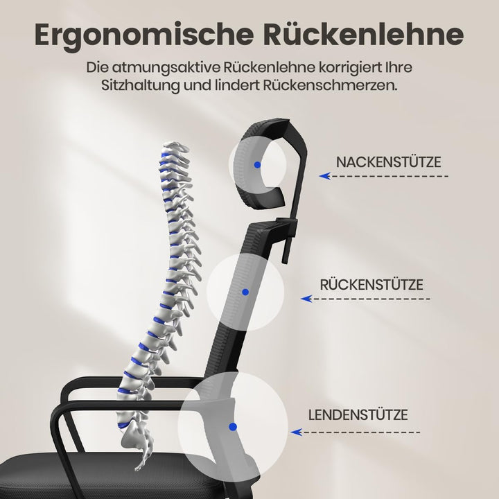 naspaluro Ergonomischer Bürostuhl, Schreibtischstuhl mit Verstellbarer Kopfstütze, Atmungsaktiver Ne