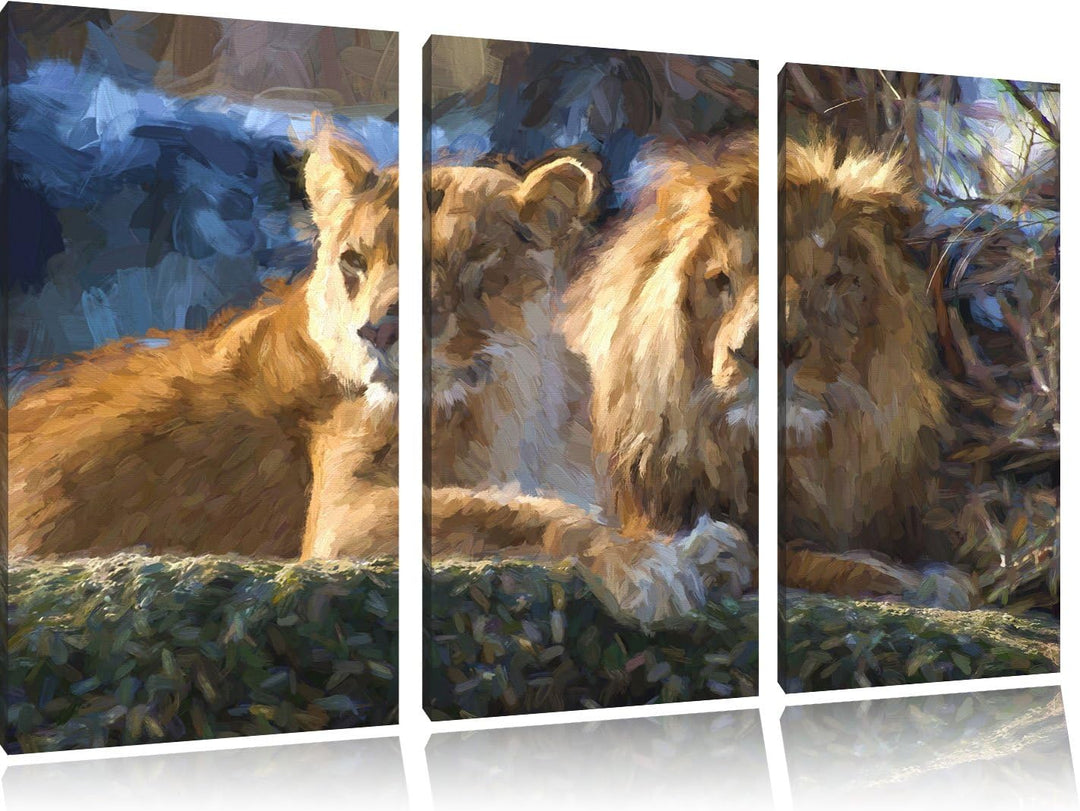 Pixxprint interessiertes Löwenpaar Kunst als Leinwandbild/Grösse: 3 Teilig (120x80) cm/Wandbild/Kuns