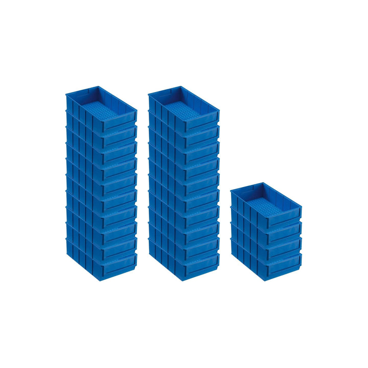 SuperSparSet 24x Blaue Industriebox 300 B | HxBxT 8,1x18,3x30cm | 3,4 Liter | Sichtlagerkasten, Sort