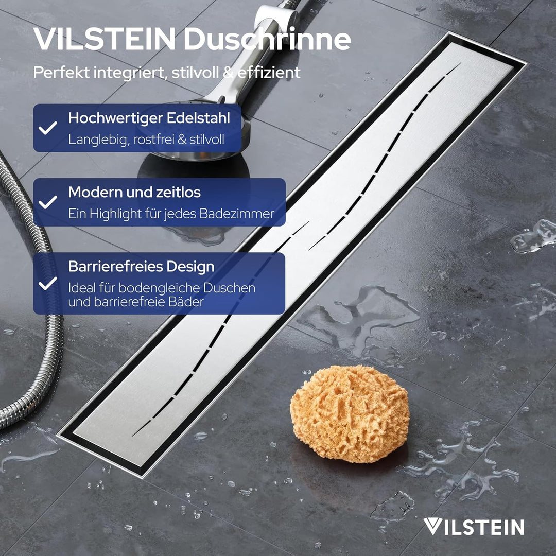 VILSTEIN Edelstahl Duschrinne 100cm, Komplettset extra flach, entnehmbares Haarsieb, Siphon mit Geru