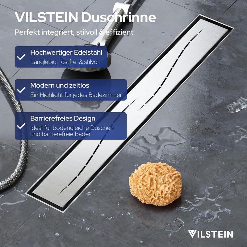 VILSTEIN Duschrinne 70cm, Edelstahl Bodenablauf Komplettset, extra flach, Siphon mit Geruchsstop, Ha