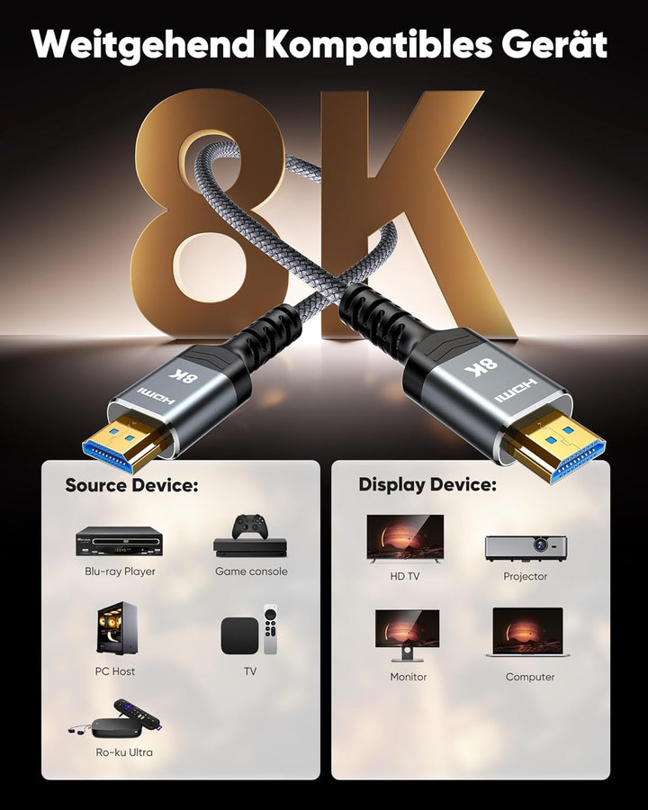 SNOWKIDS HDMI 2.1 Kabel 15M 8K, 2.1 48Gbps Highspeed 8K@60Hz HDMI Kabel 4K@120Hz 7680P DTS: X, HDCP
