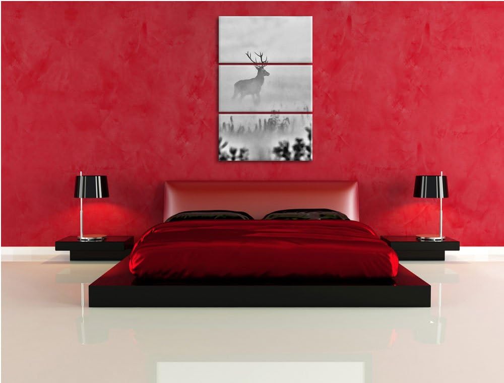 Pixxprint Hirsch im Nebel als Leinwandbild | Grösse: 3 Teilig (120x80) | Wandbild| Kunstdruck | fert