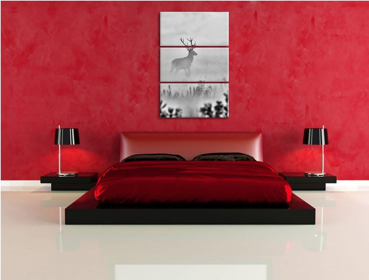 Pixxprint Hirsch im Nebel als Leinwandbild | Grösse: 3 Teilig (120x80) | Wandbild| Kunstdruck | fert