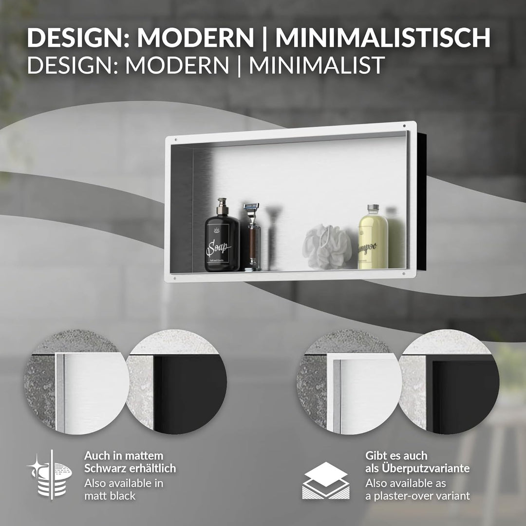 LuxeBath Wandnische aus Edelstahl, 60x30x10 cm, Silber, Duschnische, Randlos, Einbauregal, Flexibler