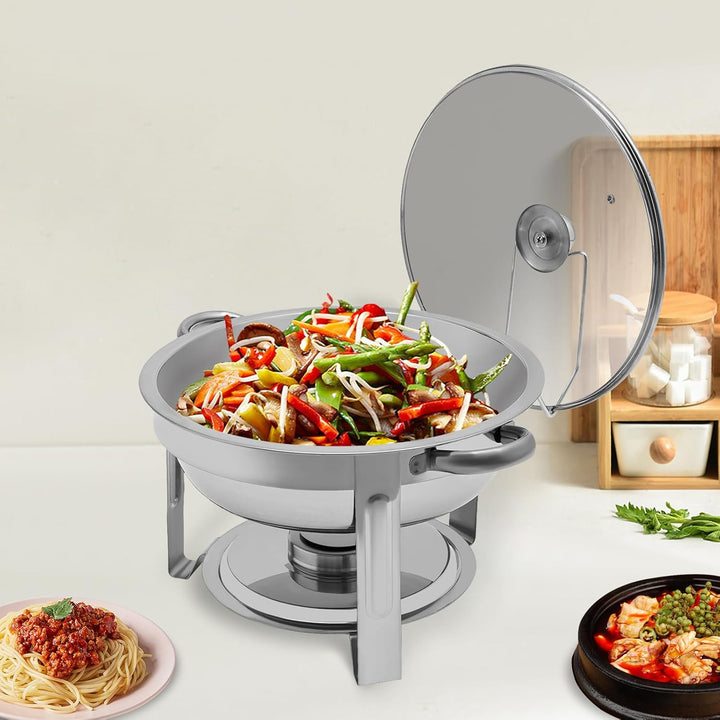 Edelstahl Chafing Dish Rund, 5L Speisenwärmer Buffetwärmer Wärmebehälter mit Glas-Sichtdeckel und De