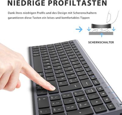 iClever Bluetooth Tastatur, Kabellose Tastatur mit 3 Bluetooth Kanälen, Funk Tastatur wiederaufladba