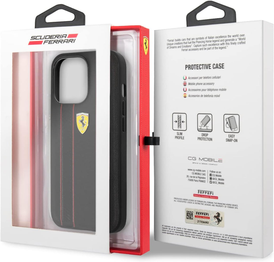 CG MOBILE Ferrari Schutzhülle für iPhone 13 Pro in Schwarz mit zwei roten Linien, Echtleder-Schutzhü