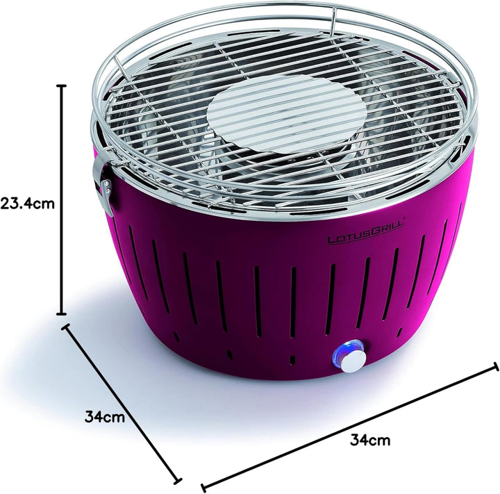 LotusGrill Starter-Set Classic 1x Grill Pflaumenlila mit USB-Anschluss, 1x Buchenholzkohle 2,5 kg, 1