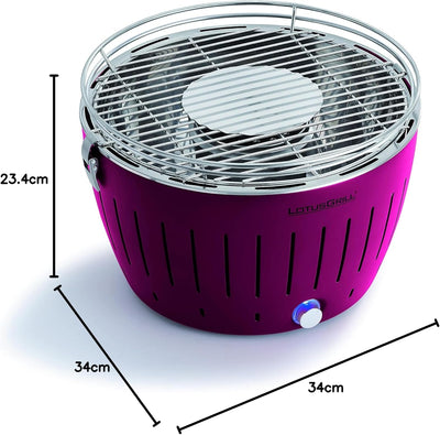 LotusGrill Starter-Set Classic 1x Grill Pflaumenlila mit USB-Anschluss, 1x Buchenholzkohle 2,5 kg, 1