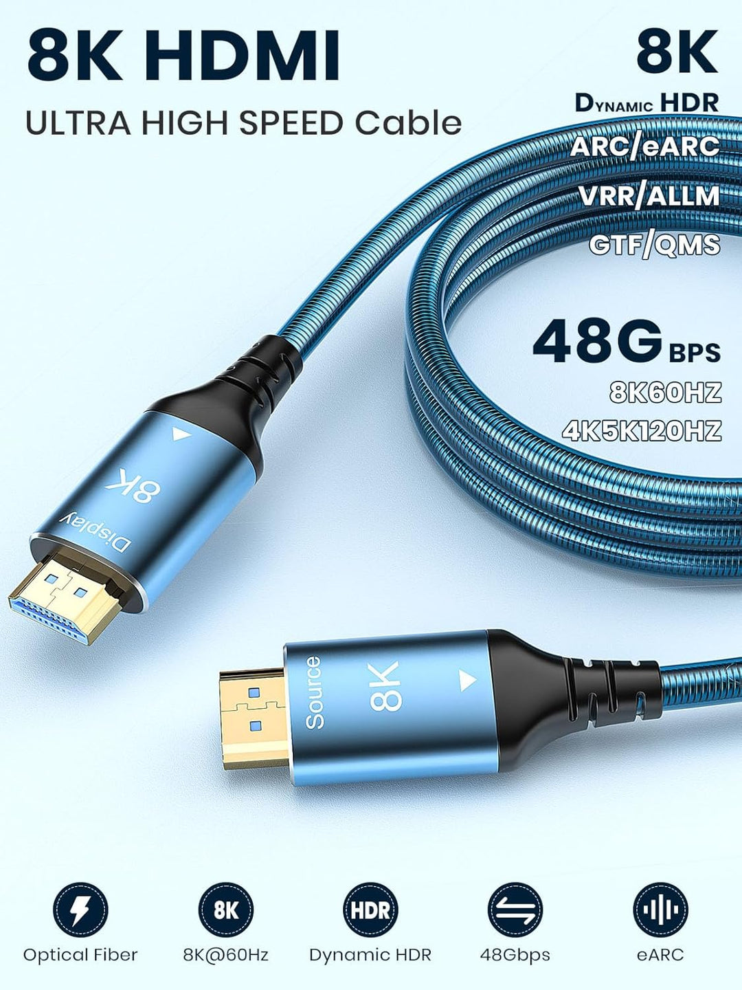 8K HDMI Glasfaserkabel 5m, Stahlpanzerung Optisch HDMI 2.1 Kabel Ultra High Speed, 8K UHD, Druckfest