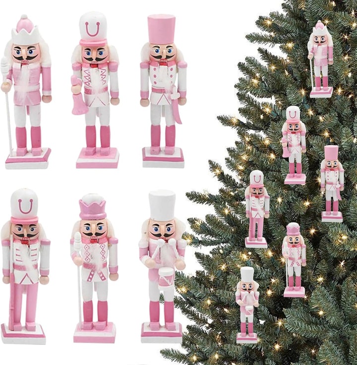 POPOYU Nussknacker Figuren Set Weihnachten 13cm,6 Stück Rosa Mini Weihnachts Nussknacker Soldaten Or
