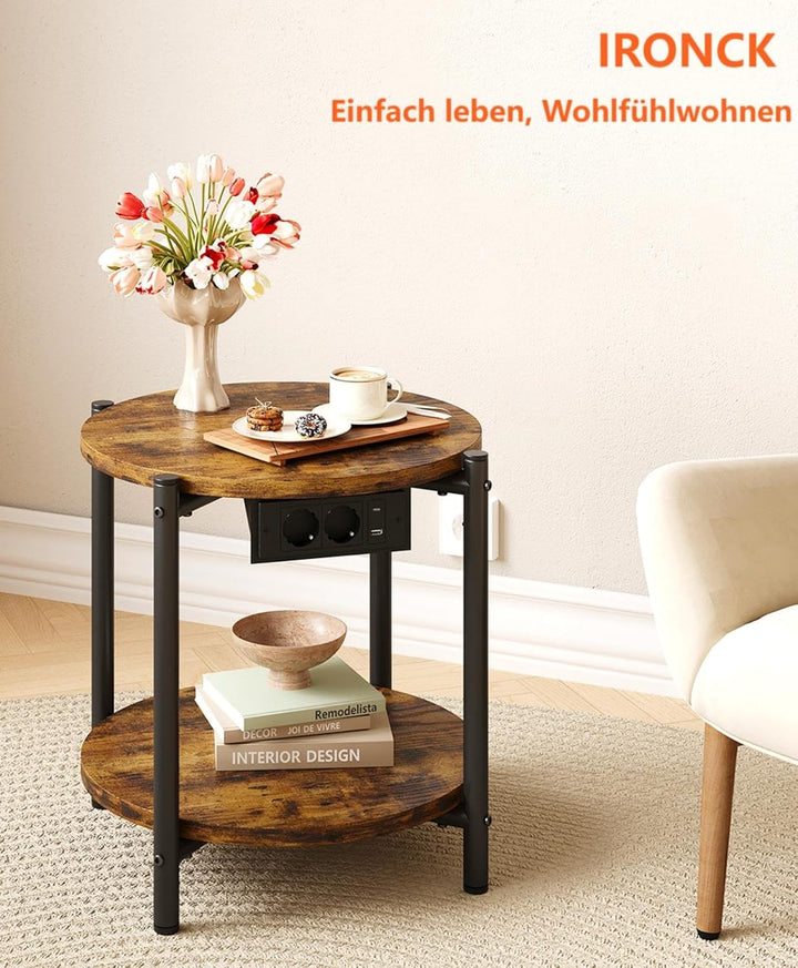 IRONCK Beistelltisch rund, Couchtisch mit Steckdose, Kleiner Tisch Holz, Wohnzimmertisch 2 Ablagen,S