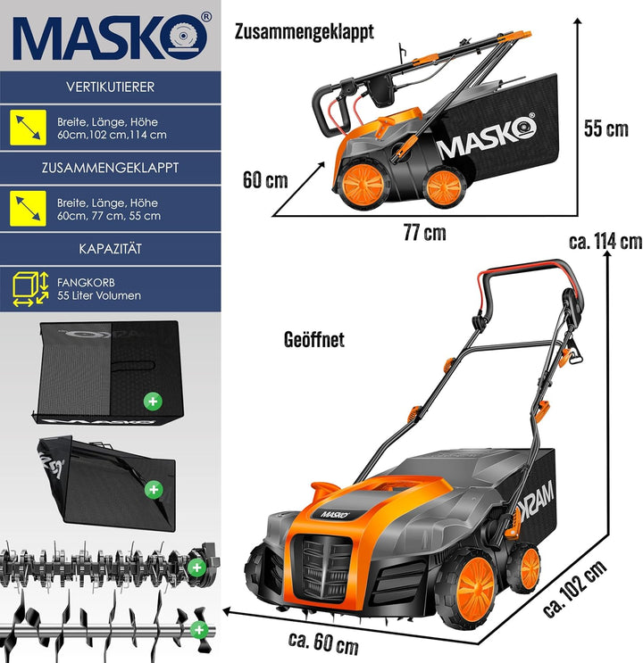 MASKO® Elektro 2in1 Vertikutierer Rasenlüfter 1800 Watt 40cm Arbeitsbreite 55L Fangkorb inkl. Lüfter