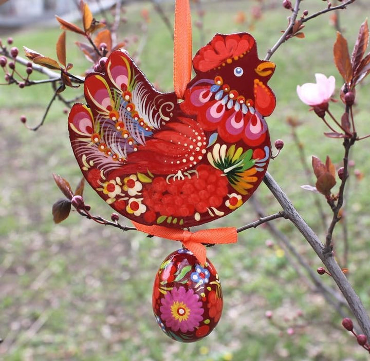 Bunte Holz Osterdekoration zum Aufhängen für Zweige oder Fenster Deko -Huhn mit Osterei 11 x 8,5 x 0