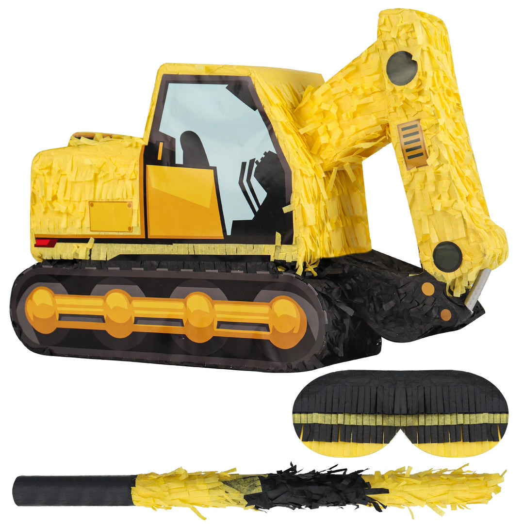 Bagger-Pinatas-Bündel mit Augenbinde und Fledermaus (42 x 27.8 x 12 cm), Bau-Piñata für Baugeburtsta