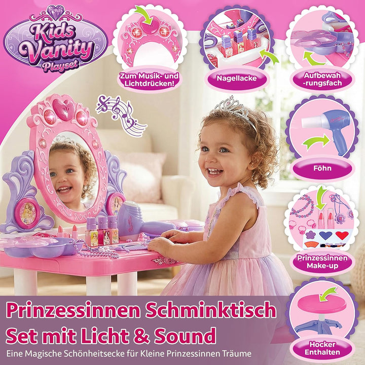 Kinderplay Rosa Schminktisch Kinder mit Zauberstab & Zubehör | Kinder Frisiertisch für Mädchen mit S