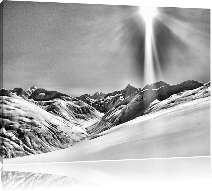Monocrome, Schnee Berge, Format: 100x70 auf Leinwand, XXL riesige Bilder fertig gerahmt mit Keilrahm