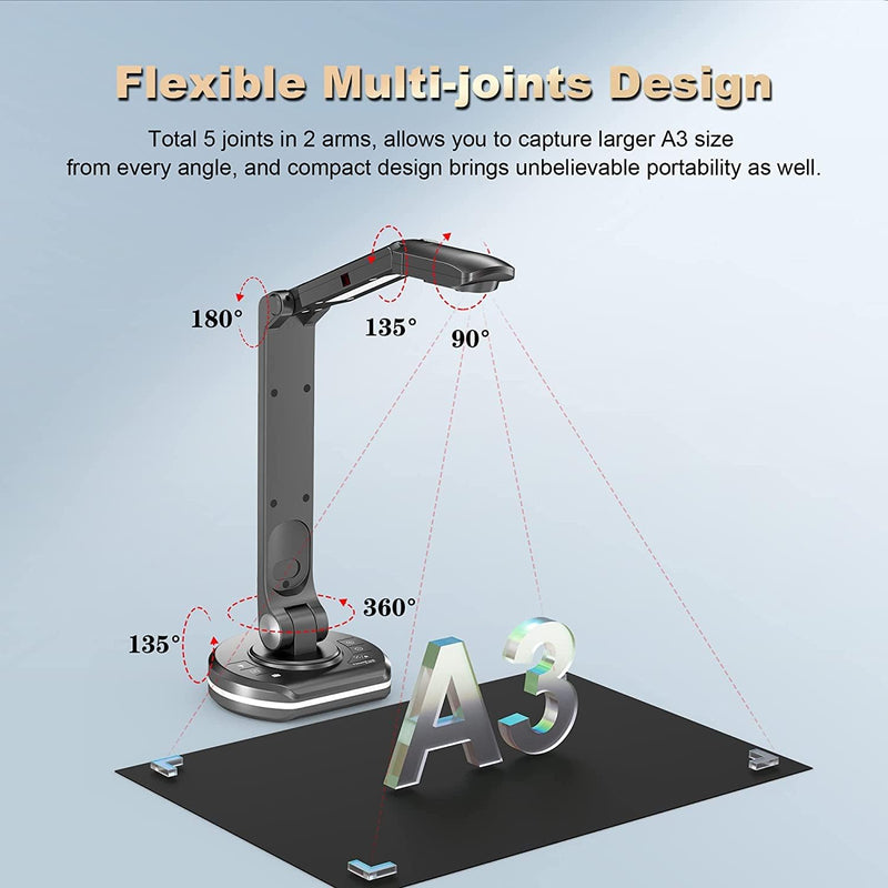 JOYUSING 13 Megapixel Dokumentenkamera und Visualizer USB, Vorlagen bis A3, LED Licht, AutoFocus, fü