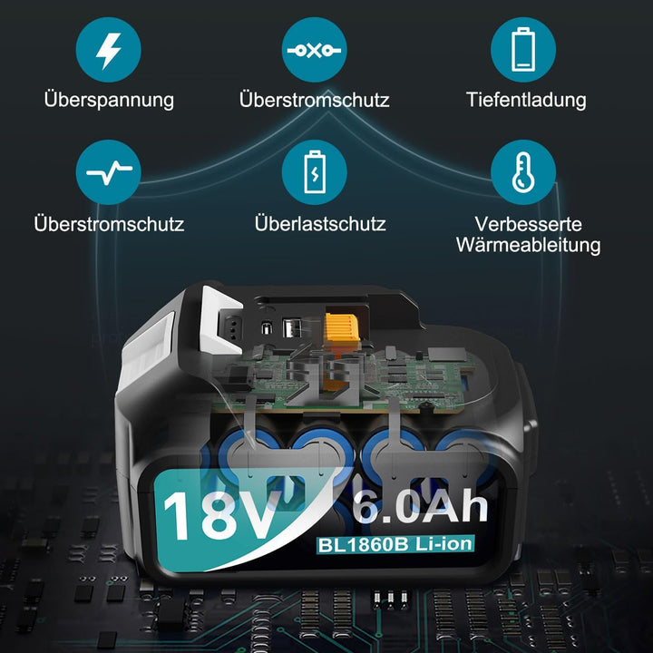 2X6.0Ah Ersatzakku für Makita LXT - Kompatibel mit Makita 18V Geräten &amp; Ladegeräten - Lithium-Ionen