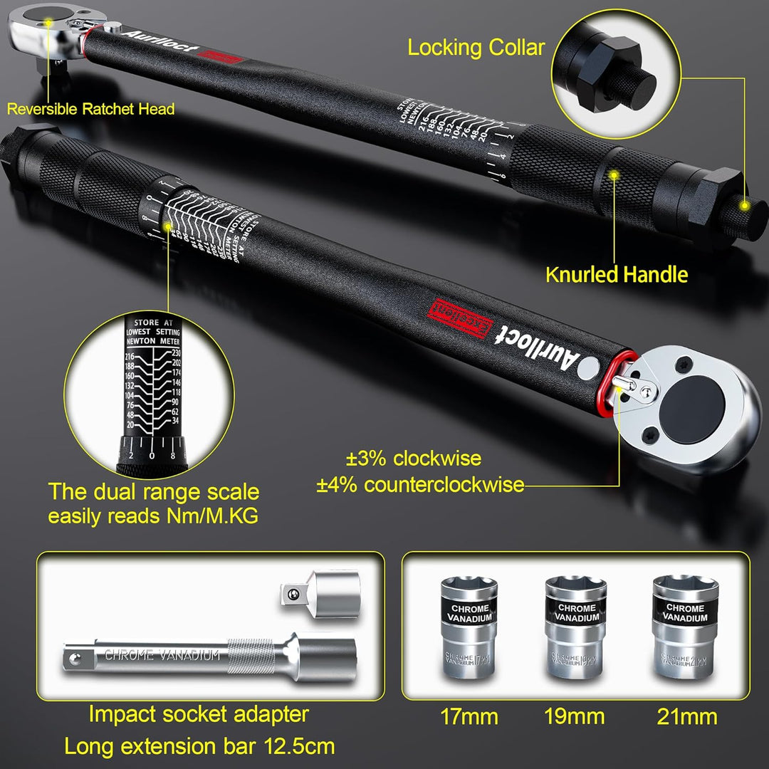 Aurlloct Drehmomentschlüssel 28-210 Nm 1/2 Zoll, Auto & Motorrad, inkl. Verlängerung mit 125 mm und
