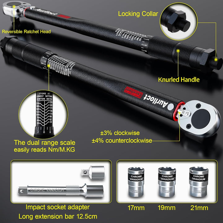 Aurlloct Drehmomentschlüssel 28-210 Nm 1/2 Zoll, Auto & Motorrad, inkl. Verlängerung mit 125 mm und