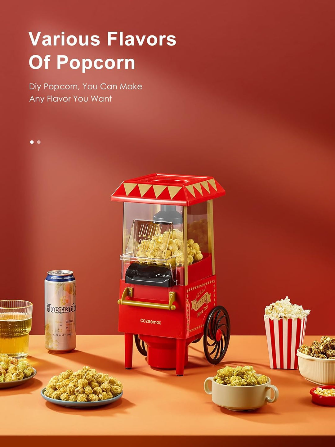 Popcornmaschine Retro, Cozeemax 1200W für Zuhause Popcornmaschine Maker mit Heissluft, Popcorn Machi