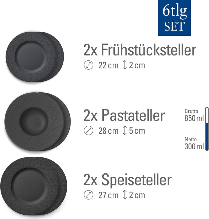 Villeroy &amp; Boch - Manufacture Rock Teller-Set, 6 tlg., Geschirr Set für 2 Personen, Premium Porzell