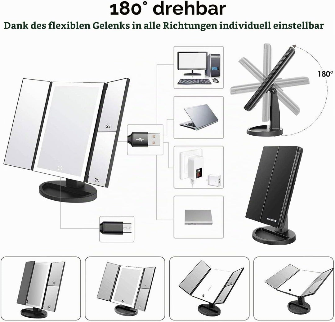 WEILY Schminkspiegel, Dreifach Gefalteter Kosmetikspiegel mit 2X /3X Vergrösserung, 36 LED-Leuchten