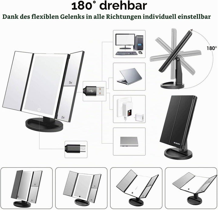 WEILY Schminkspiegel, Dreifach Gefalteter Kosmetikspiegel mit 2X /3X Vergrösserung, 36 LED-Leuchten