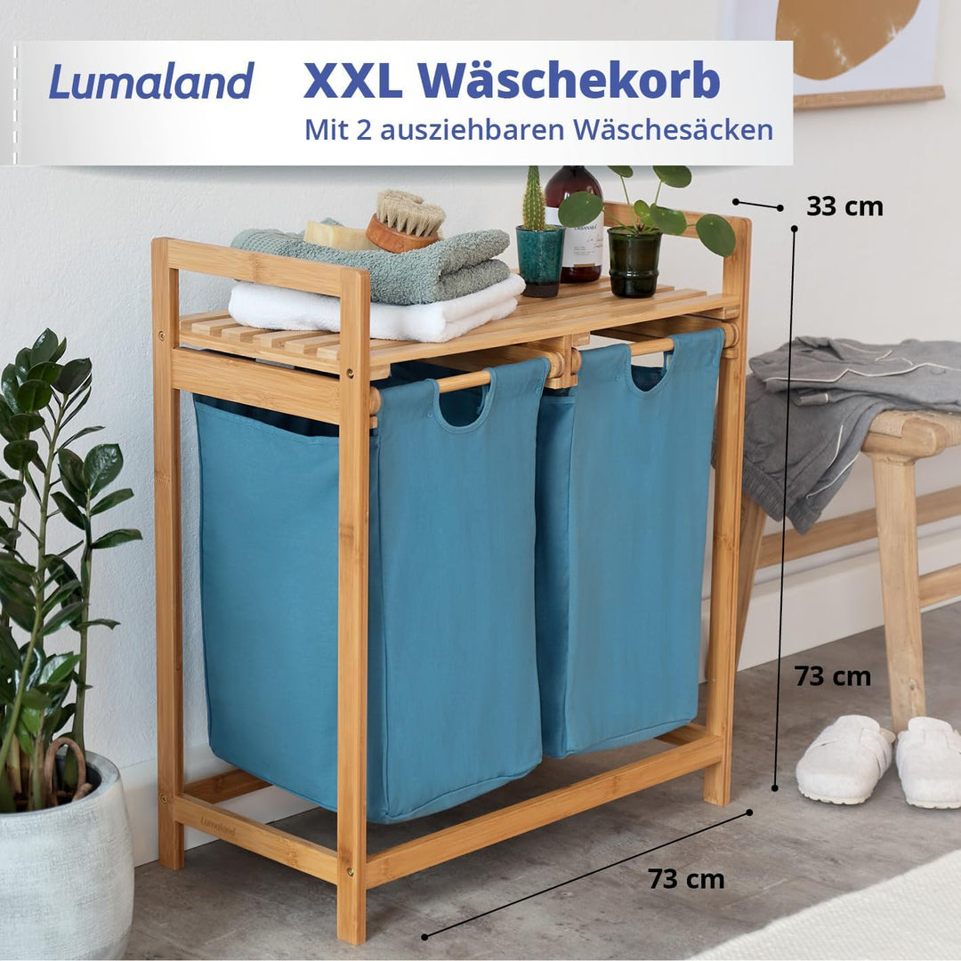Lumaland Wäschekorb Bambus mit 2 ausziehbaren Wäschesäcken | Pflegeleichtes Material, unempfindlich