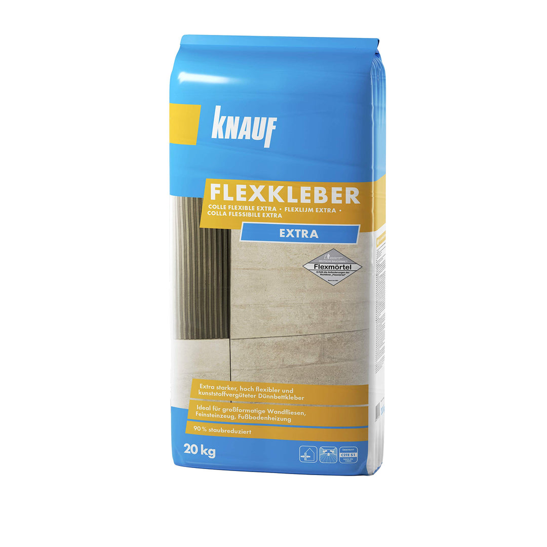 Knauf Flexkleber eXtra, 20 kg, 90% staubreduzierter Dünnbettmörtel für sauberes Arbeiten, extra star