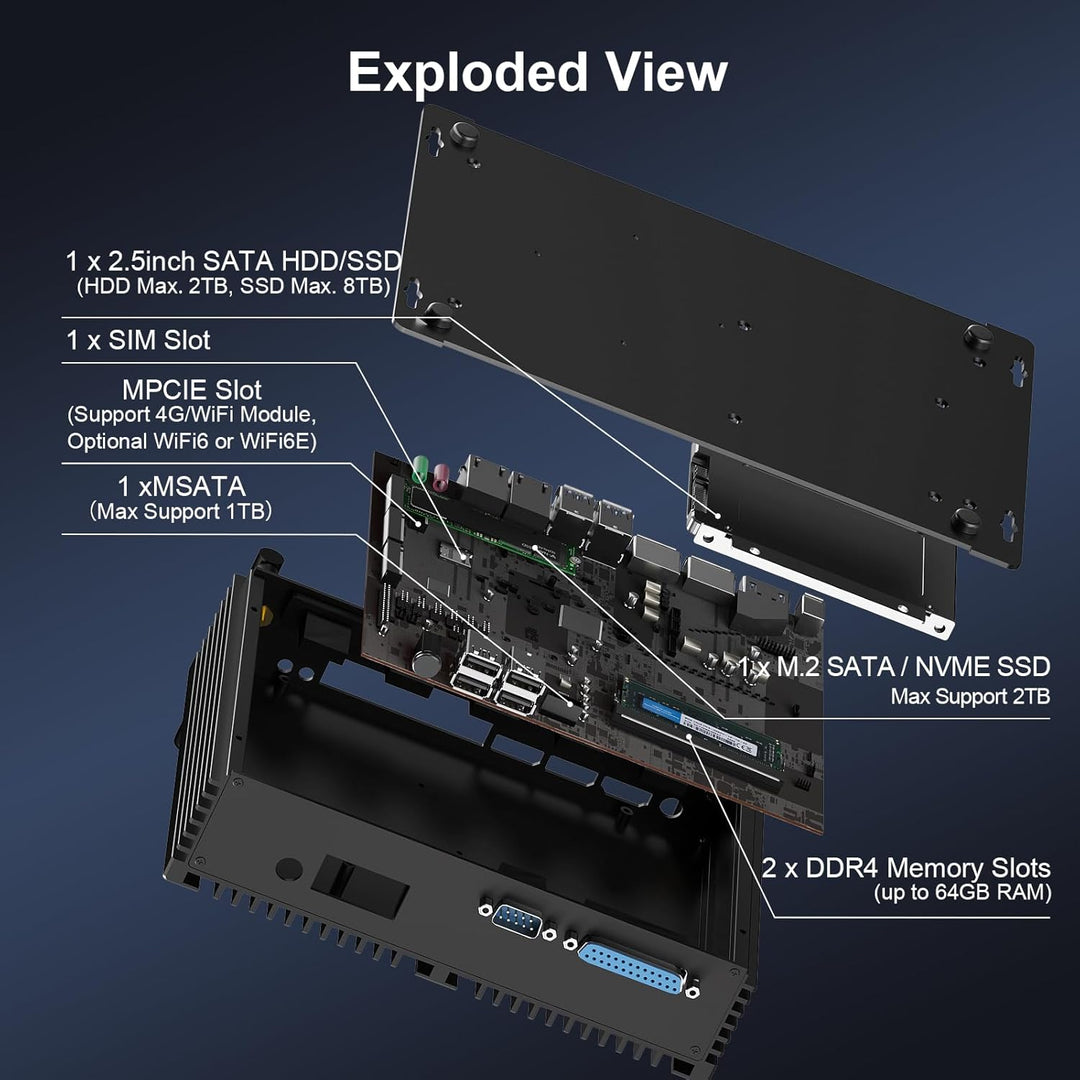 HISTTON Mini PC Lüfterlos Industrie PC Quad Core i7-8550U DDR4 16GB RAM 512GB SSD, 4 RS232 COM+2 RS2