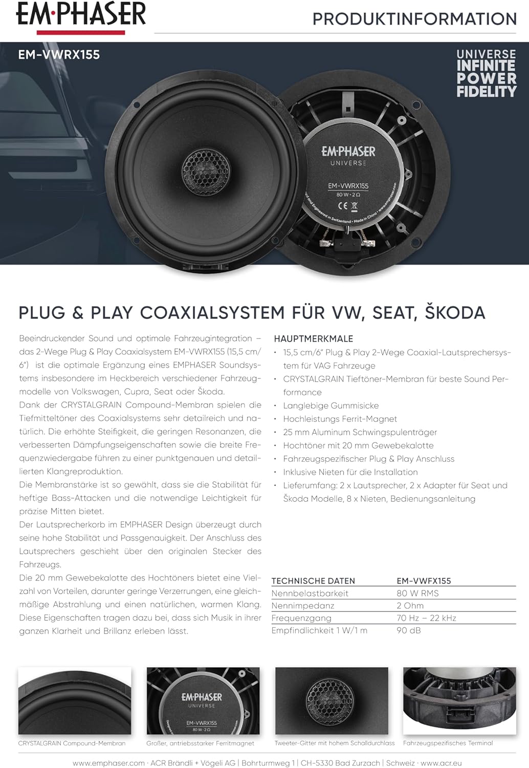 EMPHASER EM-VWRX155 – Klangstarker Plug & Play 2-Wege 15,5 cm / 6“ Auto Lautsprecher für Türen und H