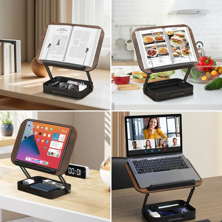 JNUYISW Buchständer Holz, Verstellbarer Buchhalter Leseständer zum Lesen mit 360° Drehbare Basis Fal