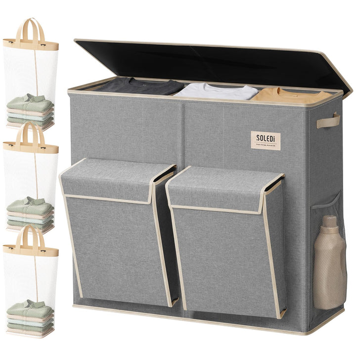 SOLEDI 220L Wäschekorb mit Deckel, Wäschesammler 3 Fächer mit 2 Seitentaschen, Laundr Baskets mit 3